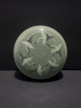 Vintage Celadon Crane Circular Small Korean Trinket Box
